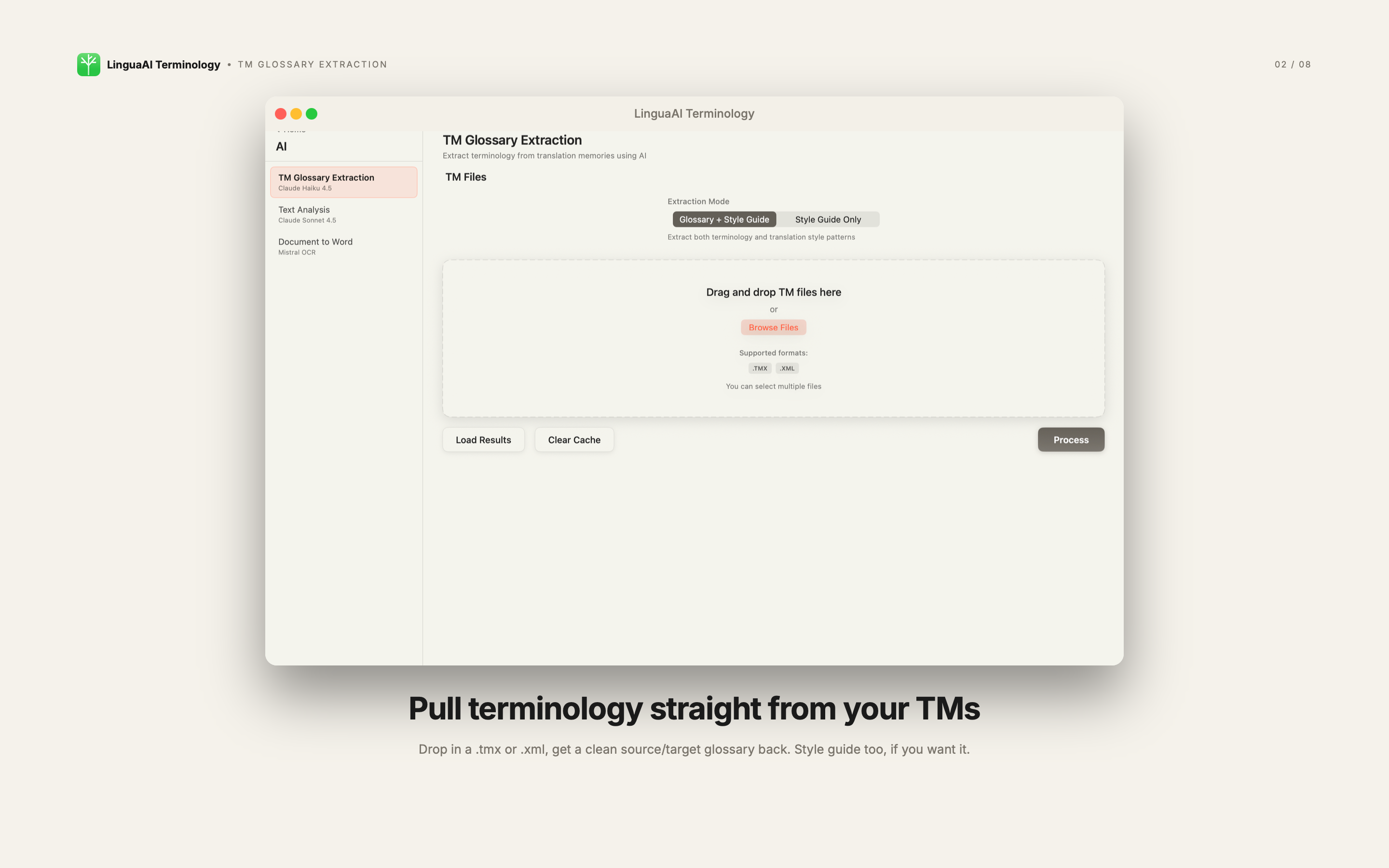 TM glossary extraction with term pairs and confidence scores