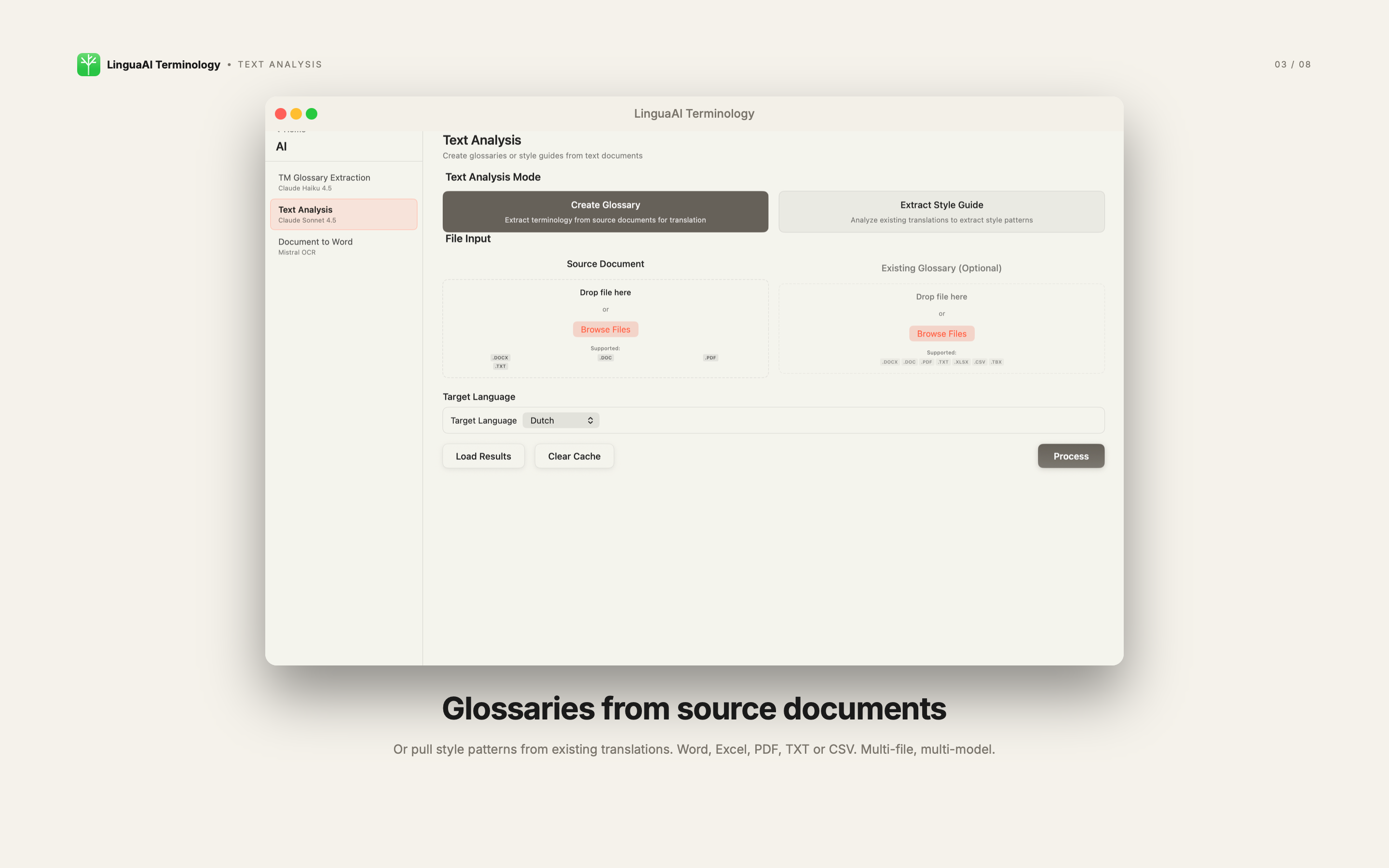 Text analysis with glossary creation from source documents