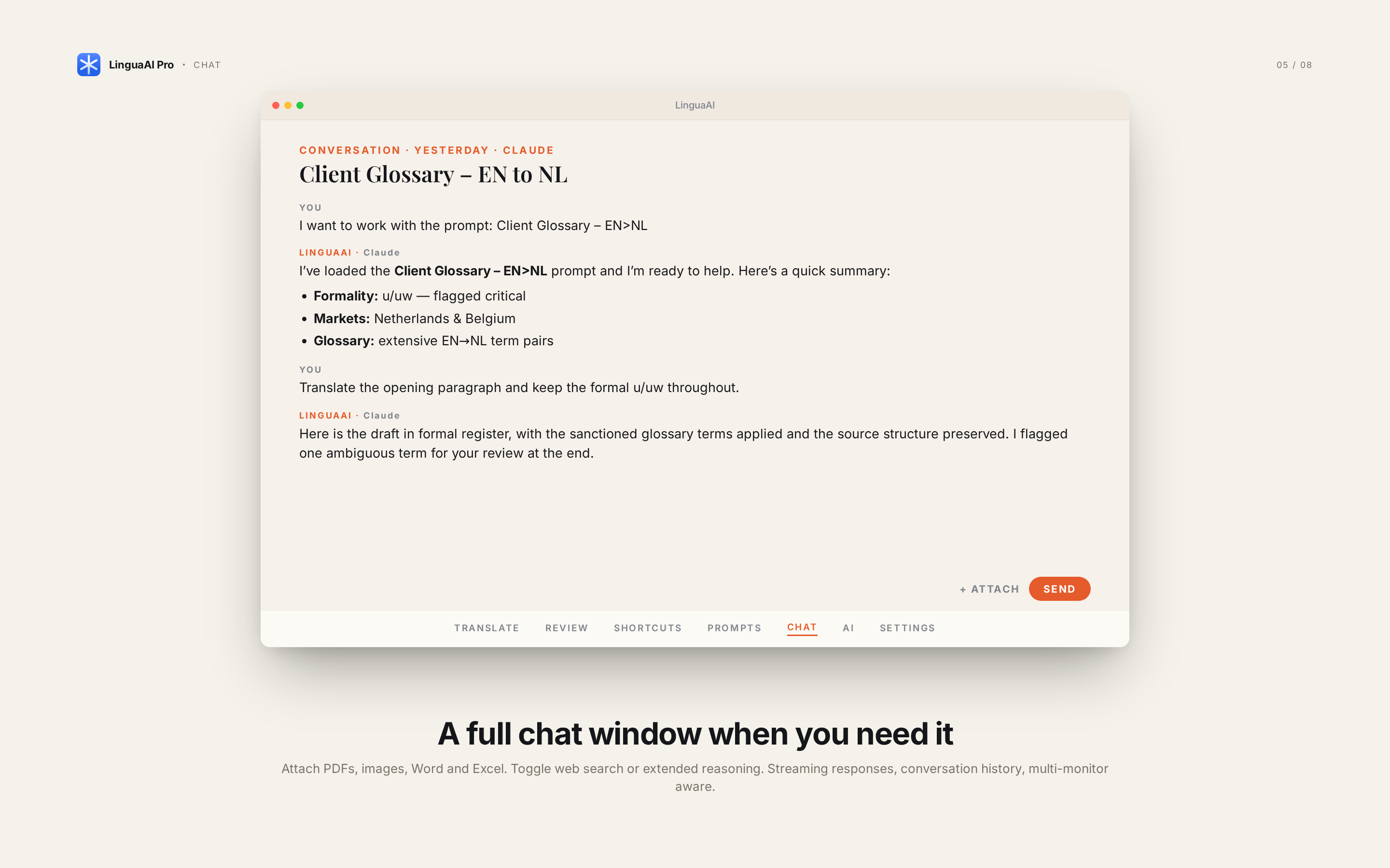 LinguaAI Pro chat window with streaming AI responses