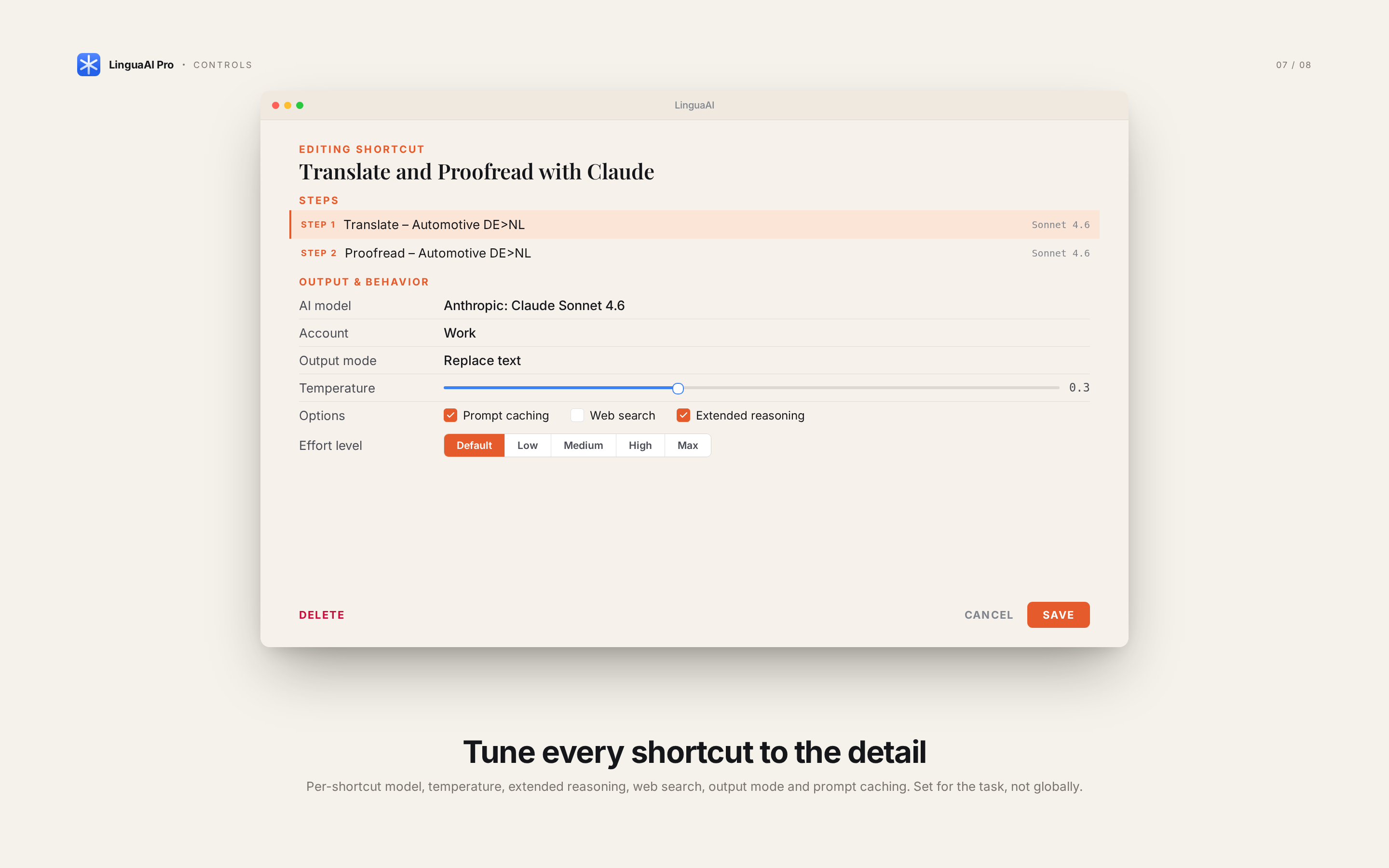 LinguaAI Pro shortcut editor with model and prompt settings