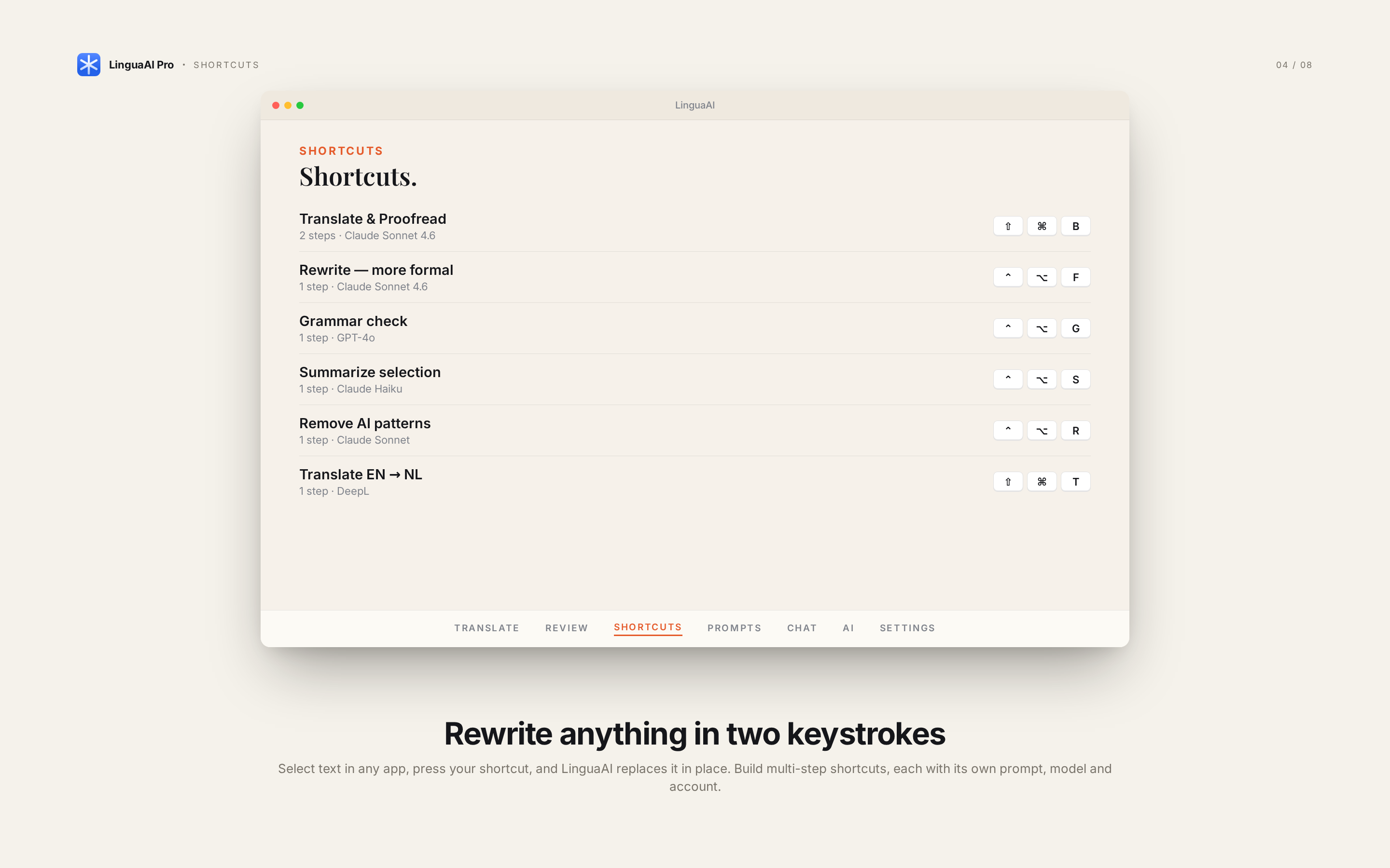 LinguaAI Pro keyboard shortcuts for text processing